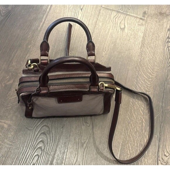 FOSSIL Logan Leather GREY /Brown Bi-Color Satchel Small Crossbody w Strap - Picture 4 of 9